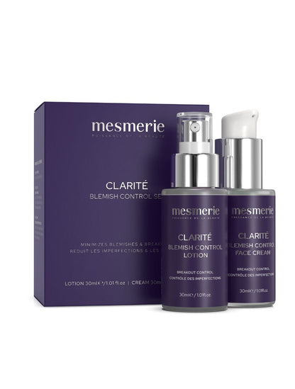 mesmerie Clarite Blemish Control Lotion and Cream set with packaging